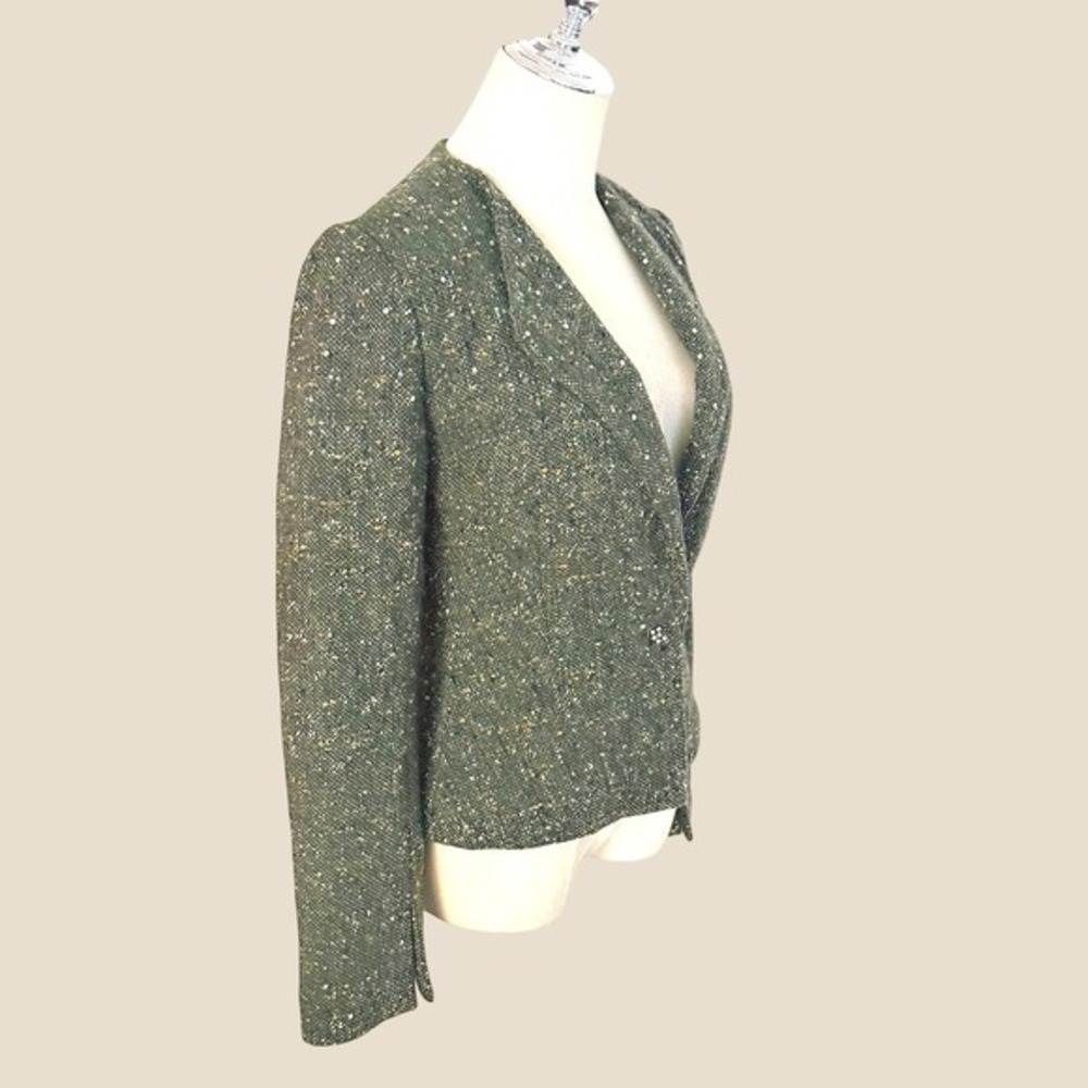 Vintage Akris Punto Green Tweed Pantsuit Gold Fleck Rhinestone Silk SZ 0 2 00s